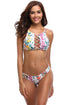 Sexy Yellow Pink Floral Print High Neck 2pcs Bathing Suit