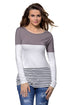 Taupe White Color Block Striped Long Sleeve Blouse Top