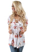 White Floral Grommet Lace Up V Neck Loose Shirt