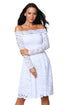 White Long Sleeve Floral Lace Boat Neck Cocktail Swing Dress