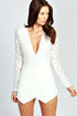 White Long Sleeve Lace Plunge Skort Playsuit