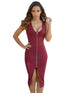 Wine Gold Zipper Front Plunge Midi Dress