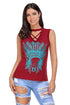 Wine Red Crisscross V Neck Printed Sleeveless Choker Tank Tops