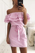 Stripe Off Shoulder Belted Flounced Dress