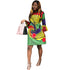 Trumpet Sleeve Boat Neck Geometric Print Dress #Print #Knee-Length