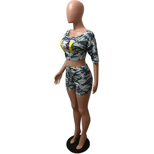 Dew Shoulder Camouflage Two-piece Shorts Set With Half Sleeves #Two Piece #Half Sleeves #Camo SA-BLL282517 Sexy Clubwear and Pant Sets by Sexy Affordable Clothing