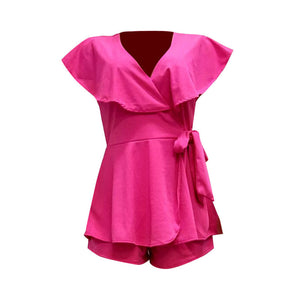 Cutout Back V Neck Ruffled Wrap Flared Romper #V Neck #Ruffled SA-BLL55560-1 Women's Clothes and Jumpsuits & Rompers by Sexy Affordable Clothing