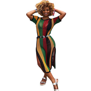 Summer Women Colorful Striped Mesh Sheer Club High Slit Dress #Short Sleeve #Striped #Mesh Sheer SA-BLL51181-1 Fashion Dresses and Maxi Dresses by Sexy Affordable Clothing