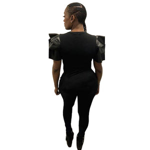 Printed Lips Leather Lotus Sleeve Jumpsuit Pants #Black SA-BLL55195 Women's Clothes and Jumpsuits & Rompers by Sexy Affordable Clothing