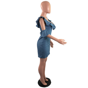 Sexy Blue Denim Ruffles Bodycon A-Line Dress #Ruffles #Denim #A-Line SA-BLL282701 Fashion Dresses and Bodycon Dresses by Sexy Affordable Clothing