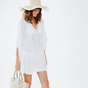St Barts Crochet Trim Kaftan Cover Up #Beach Dress #White # SA-BLL3753-1 Sexy Swimwear and Cover-Ups & Beach Dresses by Sexy Affordable Clothing