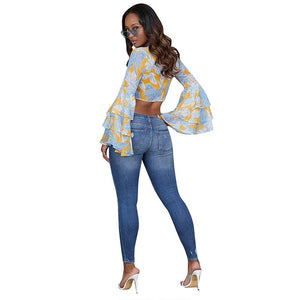 Plung Printed Crop Top with Wide Ruffle Cuffs #Long Sleeve #Printed #Crop Top SA-BLL729 Women's Clothes and Blouses & Tops by Sexy Affordable Clothing