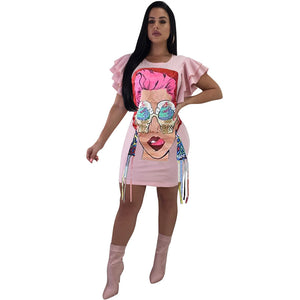 Cartoon Shirt Dress With Ruffle Sleeve #Pink #Round Neck #Ruffle Sleeve SA-BLL282504-3 Fashion Dresses and Mini Dresses by Sexy Affordable Clothing