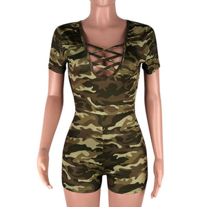 Camo Printed V-neck Short Playsuits #V-Neck #Printed #Camo SA-BLL55588 Women's Clothes and Jumpsuits & Rompers by Sexy Affordable Clothing