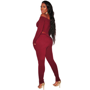 Red Ribbed Knit Off Shoulder Two Piece Set #Long Sleeve #Two Pieces #High Waist SA-BLL2183-2 Sexy Clubwear and Pant Sets by Sexy Affordable Clothing