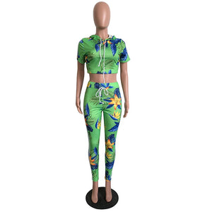 Casual Hooded Collar Floral Printed Two-Piece Pants Set #Short Sleeve #Two Piece #Hooded #Print SA-BLL282449-1 Sexy Clubwear and Pant Sets by Sexy Affordable Clothing