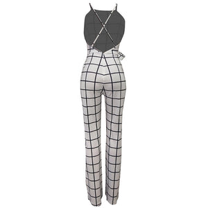 Sexy Checks Halter Plaid Jumpsuit With Open Back #Jumpsuit #White #Halter #Plaid SA-BLL55446-1 Women's Clothes and Jumpsuits & Rompers by Sexy Affordable Clothing