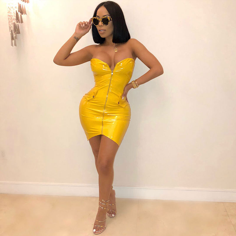 knee length dresses for ladies Zipper Runway Latex Mini Dress #Zipper #Strapless #Pu #Latex – SEXY  AFFORDABLE CLOTHING