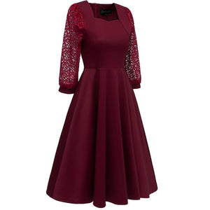 Sequare Neck A-Line Dress with Lace Sleeves #Lace #Red #A-Line #Sequare Neck SA-BLL36135-2 Fashion Dresses and Midi Dress by Sexy Affordable Clothing