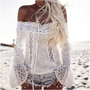 Solid Lace Floral Off Shoulder Blouse without Necklace #White # SA-BLL581-2 Women's Clothes and Blouses & Tops by Sexy Affordable Clothing