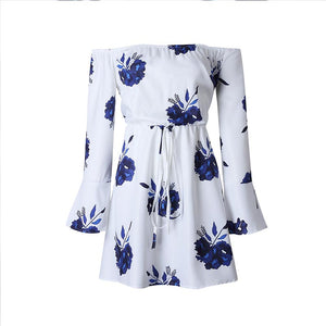 Blue White Off Shoulder Floral Print Drawstring Vacation Dress #White #Blue SA-BLL28237-1 Fashion Dresses and Mini Dresses by Sexy Affordable Clothing