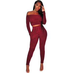 Red Ribbed Knit Off Shoulder Two Piece Set #Long Sleeve #Two Pieces #High Waist SA-BLL2183-2 Sexy Clubwear and Pant Sets by Sexy Affordable Clothing