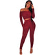 Red Ribbed Knit Off Shoulder Two Piece Set #Long Sleeve #Two Pieces #High Waist SA-BLL2183-2 Sexy Clubwear and Pant Sets by Sexy Affordable Clothing