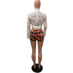 White Floral Embroidered Bell Long Sleeves Crop Top #White #Long Sleeve #Floral #Crop #Mock Nec SA-BLL703 Women's Clothes and Blouses & Tops by Sexy Affordable Clothing