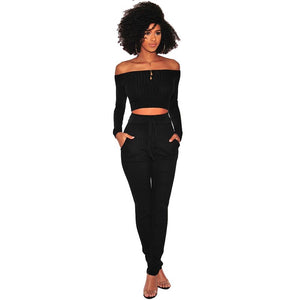 Black Ribbed Knit Off Shoulder Two Piece Set #Long Sleeve #Two Pieces SA-BLL2183-1 Sexy Clubwear and Pant Sets by Sexy Affordable Clothing