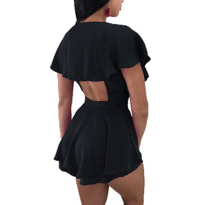 Cutout Back V Neck Ruffled Wrap Flared Romper #V Neck #Ruffled SA-BLL55560-2 Women's Clothes and Jumpsuits & Rompers by Sexy Affordable Clothing
