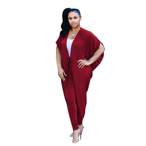 Batwing Sleeves Lace-up Karin Long Cardigan Blouse & Pant #Red #Two Piece SA-BLL282436-2 Sexy Clubwear and Pant Sets by Sexy Affordable Clothing