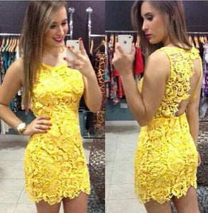 Women Sleeveless Lace Mini Dresses Yellow  SA-BLL27756 Fashion Dresses and Mini Dresses by Sexy Affordable Clothing