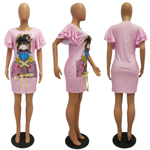 Kaira Ruffle Sleeve Graphic Mini Dress #Pink #Round Neck #Ruffle Sleeve SA-BLL282511-2 Fashion Dresses and Mini Dresses by Sexy Affordable Clothing