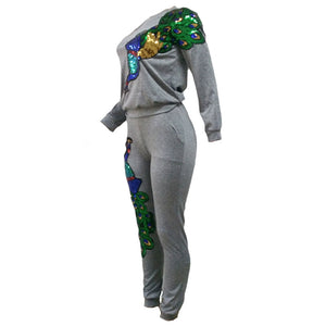 Cute Women Peacock Sequined 2 Piece Jogger Pants Set #Sequins SA-BLL27787 Sexy Clubwear and Pant Sets by Sexy Affordable Clothing