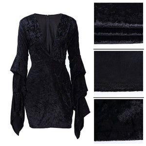 Sexy Deep-V Velvet Dress with Wide Cuffs #V Neck #Long Sleeve #Velvet SA-BLL2237-3 Fashion Dresses and Mini Dresses by Sexy Affordable Clothing