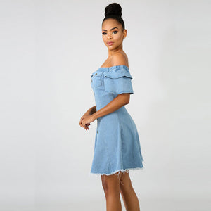 Off Shoulder A-Line Denim Girly Raw Dress #Off Shoulder #Denim #A-Line SA-BLL282689 Fashion Dresses and Midi Dress by Sexy Affordable Clothing