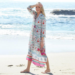 Turn-down Collar Chiffon Long Sleeve Beach Robe #V Neck #Print #Chiffon SA-BLL38615 Sexy Swimwear and Cover-Ups & Beach Dresses by Sexy Affordable Clothing