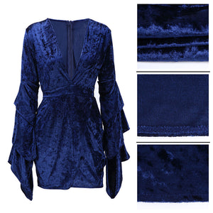 Sexy Deep-V Velvet Dress with Wide Cuffs #V Neck #Long Sleeve #Velvet SA-BLL2237-2 Fashion Dresses and Mini Dresses by Sexy Affordable Clothing