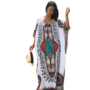 Vintage Ethnic Print Kaftan Maxi Dress #White # SA-BLL384937 Sexy Swimwear and Cover-Ups & Beach Dresses by Sexy Affordable Clothing