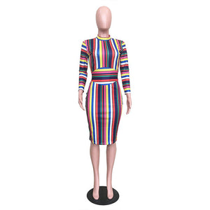 Colorful Striped Stand CollarMid Dress #Long Sleeve #Striped #Print SA-BLL36264 Fashion Dresses and Midi Dress by Sexy Affordable Clothing