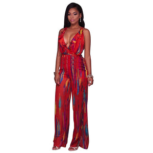 Janine Red Print Plunging V-Neck Slit Legs Jumpsuit #Red SA-BLL55329-2 Women's Clothes and Jumpsuits & Rompers by Sexy Affordable Clothing