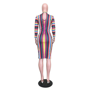 Colorful Striped Stand CollarMid Dress #Long Sleeve #Striped #Print SA-BLL36264 Fashion Dresses and Midi Dress by Sexy Affordable Clothing