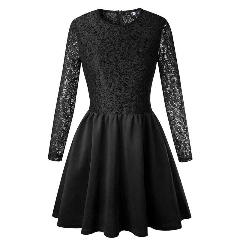 Fashion Black Lace Long Sleeves Short Party Dress #Black #Pleated ...