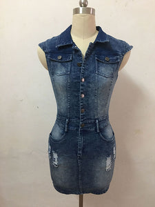 Women's Sexy Denim Button Down Ripped Dress #Short Sleeve #Denim #Turndown Neck SA-BLL282626 Fashion Dresses and Mini Dresses by Sexy Affordable Clothing