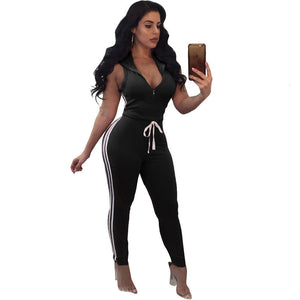 Hooded Zippered Sports Jumpsuit #Black #Sleeveless #V-Neck #Zipper #Hooded SA-BLL55465-1 Women's Clothes and Jumpsuits & Rompers by Sexy Affordable Clothing