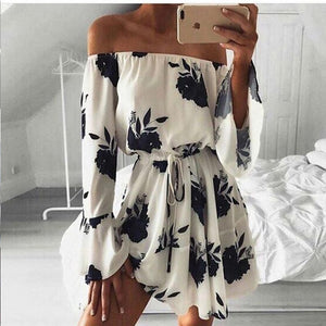 Black White Off Shoulder Floral Print Drawstring Vacation Dress #White #Black SA-BLL28237-2 Fashion Dresses and Mini Dresses by Sexy Affordable Clothing
