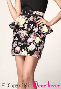 Black Multi-Color Floral Print Peplum Skirt