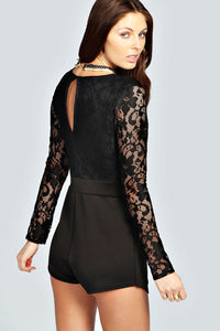 Black Long Sleeve Lace Plunge Skort Playsuit