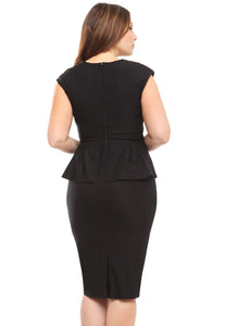 Black Ruched Peplum Dress with Bow