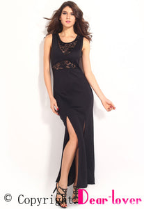 Black Lace Accent Double Slits Sexy Evening Dress